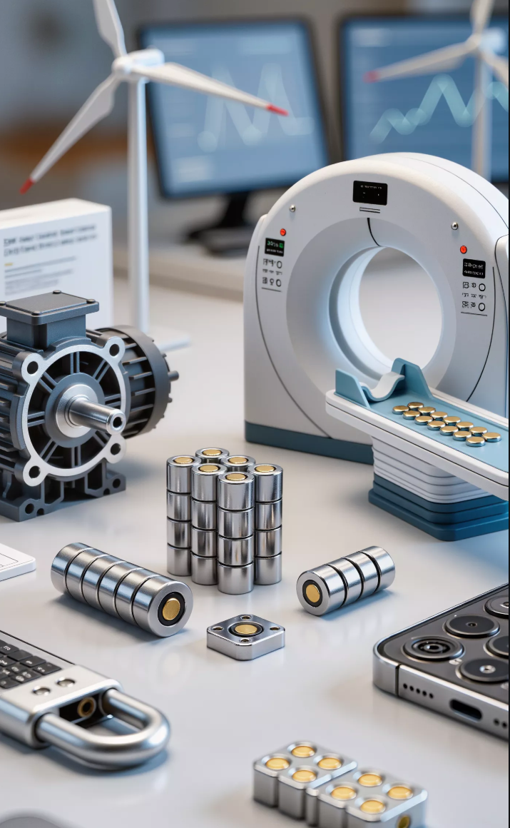 An array of custom neodymium magnets in various shapes and sizes