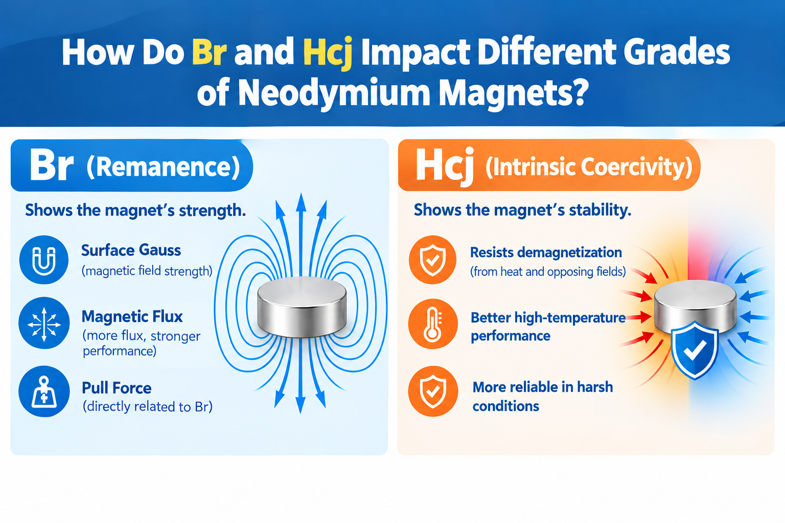 Br and Hcj in grades of neodymium magnets